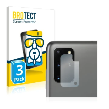 Face avant d’un emballage produit avec le logo de la marque BROTECT. À côté, l’appareil Samsung Galaxy S20 Plus 5G (Caméra UNI