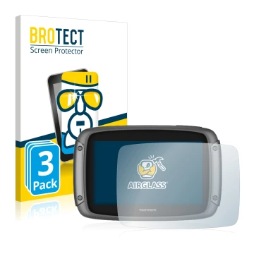 Face avant d’un emballage produit avec le logo de la marque BROTECT. À côté, l’appareil TomTom Rider 50 est représenté avec la