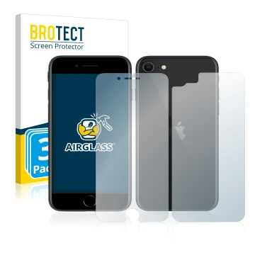 Face avant d’un emballage produit avec le logo de la marque BROTECT. À côté, l’appareil Apple iPhone SE 2 2020 (Avant+Arrière)