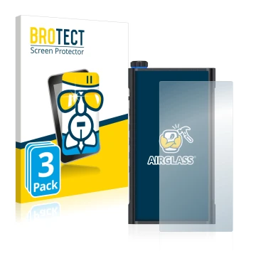 Face avant d’un emballage produit avec le logo de la marque BROTECT. À côté, l’appareil FiiO M15 est représenté avec la protec