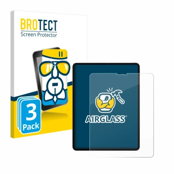 Face avant d’un emballage produit avec le logo de la marque BROTECT. À côté, l’appareil Apple iPad 12.9
