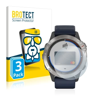 Face avant d’un emballage produit avec le logo de la marque BROTECT. À côté, l’appareil Garmin quatix 6 est représenté avec la
