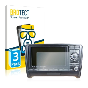 Face avant d’un emballage produit avec le logo de la marque BROTECT. À côté, l’appareil Audi A3 8P 2004-2012 RNS-E est représe