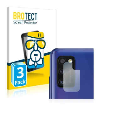 Face avant d’un emballage produit avec le logo de la marque BROTECT. À côté, l’appareil Samsung Galaxy A41 (Caméra UNIQUEMENT)