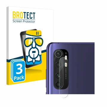Face avant d’un emballage produit avec le logo de la marque BROTECT. À côté, l’appareil Xiaomi Mi Note 10 Lite (Caméra UNIQUEM