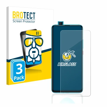 Face avant d’un emballage produit avec le logo de la marque BROTECT. À côté, l’appareil Xiaomi Poco F2 Pro est représenté avec