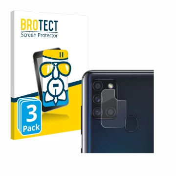 Face avant d’un emballage produit avec le logo de la marque BROTECT. À côté, l’appareil Samsung Galaxy A21s (Caméra UNIQUEMENT