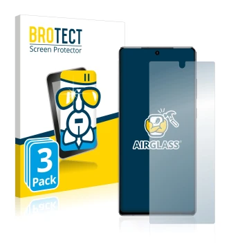 Face avant d’un emballage produit avec le logo de la marque BROTECT. À côté, l’appareil Samsung Galaxy Note 20 est représenté 