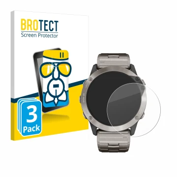 Face avant d’un emballage produit avec le logo de la marque BROTECT. À côté, l’appareil Garmin quatix 6x Solar est représenté 