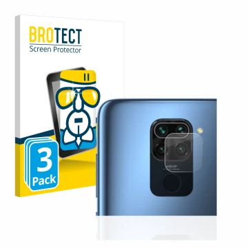 Face avant d’un emballage produit avec le logo de la marque BROTECT. À côté, l’appareil Xiaomi Redmi Note 9 (Caméra UNIQUEMENT