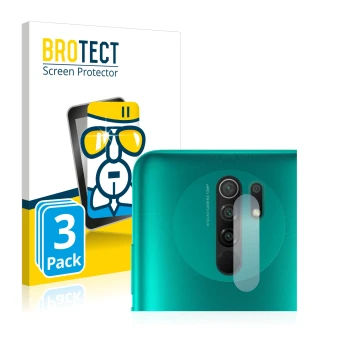 Face avant d’un emballage produit avec le logo de la marque BROTECT. À côté, l’appareil Xiaomi Redmi 9 (Caméra UNIQUEMENT) est