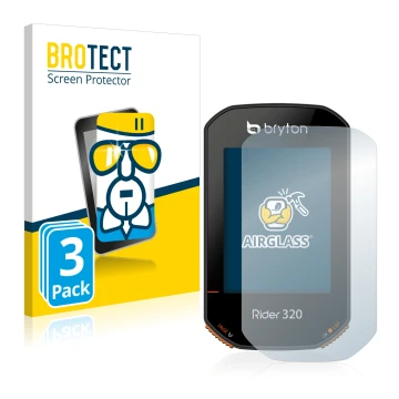 Face avant d’un emballage produit avec le logo de la marque BROTECT. À côté, l’appareil Bryton Rider 320 est représenté avec l
