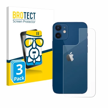 Face avant d’un emballage produit avec le logo de la marque BROTECT. À côté, l’appareil Apple iPhone 12 (Arrière) est représen