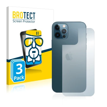 Face avant d’un emballage produit avec le logo de la marque BROTECT. À côté, l’appareil Apple iPhone 12 Pro (Arrière) est repr