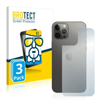 Face avant d’un emballage produit avec le logo de la marque BROTECT. À côté, l’appareil Apple iPhone 12 Pro Max (Arrière) est 