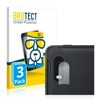 Face avant d’un emballage produit avec le logo de la marque BROTECT. À côté, l’appareil Samsung Galaxy XCover Pro (Caméra UNIQ