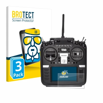 Face avant d’un emballage produit avec le logo de la marque BROTECT. À côté, l’appareil Radiomaster TX16S est représenté avec 