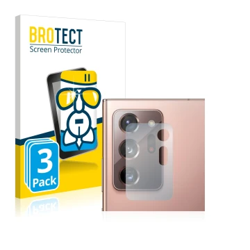 Face avant d’un emballage produit avec le logo de la marque BROTECT. À côté, l’appareil Samsung Galaxy Note 20 Ultra 5G (Camér
