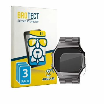 Face avant d’un emballage produit avec le logo de la marque BROTECT. À côté, l’appareil Casio A168WEGG-1BEF est représenté ave