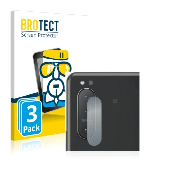 Face avant d’un emballage produit avec le logo de la marque BROTECT. À côté, l’appareil Sony Xperia 5 II (Caméra UNIQUEMENT) e