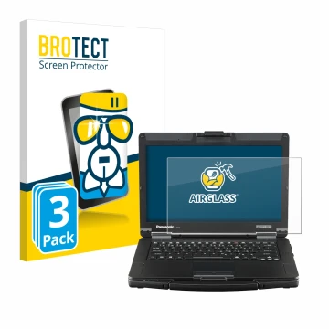 Face avant d’un emballage produit avec le logo de la marque BROTECT. À côté, l’appareil Panasonic Toughbook FZ-55 Full HD est 