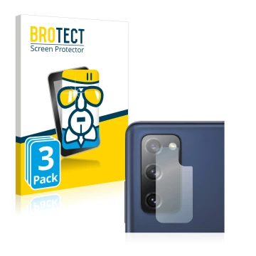 Face avant d’un emballage produit avec le logo de la marque BROTECT. À côté, l’appareil Samsung Galaxy S20 FE 5G (Caméra UNIQU