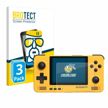 Face avant d’un emballage produit avec le logo de la marque BROTECT. À côté, l’appareil Retroid Pocket 2 est représenté avec l