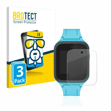 Face avant d’un emballage produit avec le logo de la marque BROTECT. À côté, l’appareil TCL Movetime FamilyWatch Kids MT40X es
