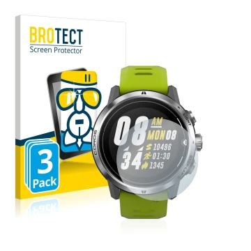 Face avant d’un emballage produit avec le logo de la marque BROTECT. À côté, l’appareil Coros Apex Pro est représenté avec la 