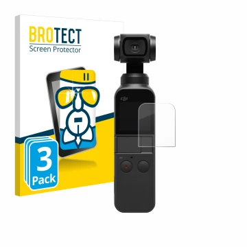 Face avant d’un emballage produit avec le logo de la marque BROTECT. À côté, l’appareil DJI Osmo Pocket 2 est représenté avec 