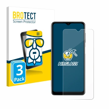 Face avant d’un emballage produit avec le logo de la marque BROTECT. À côté, l’appareil Samsung Galaxy M12 est représenté avec