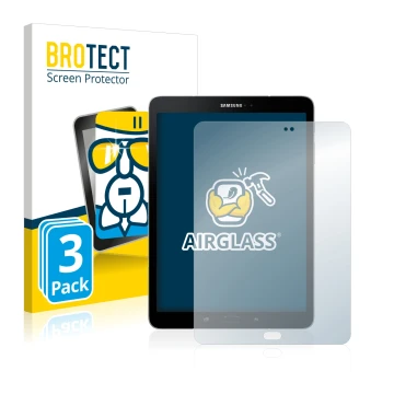 Face avant d’un emballage produit avec le logo de la marque BROTECT. À côté, l’appareil Samsung Galaxy Tab S3 est représenté a