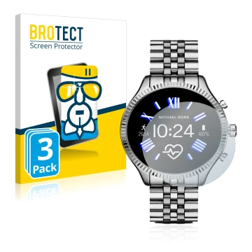 Face avant d’un emballage produit avec le logo de la marque BROTECT. À côté, l’appareil Michael Kors Access Gen 5 Lexington es