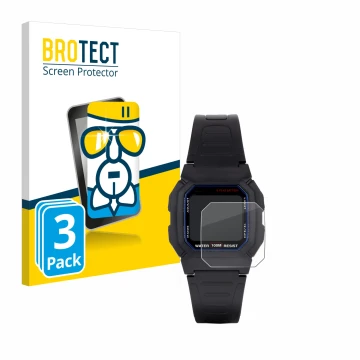 Face avant d’un emballage produit avec le logo de la marque BROTECT. À côté, l’appareil Casio W-800H-1AVES est représenté avec