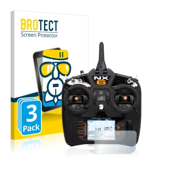 Face avant d’un emballage produit avec le logo de la marque BROTECT. À côté, l’appareil Spektrum NX6 est représenté avec la pr