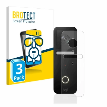 Face avant d’un emballage produit avec le logo de la marque BROTECT. À côté, l’appareil Logitech Circle View Doorbell est repr