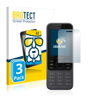 Face avant d’un emballage produit avec le logo de la marque BROTECT. À côté, l’appareil Nokia 6300 2020 est représenté avec la