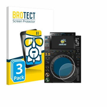 Face avant d’un emballage produit avec le logo de la marque BROTECT. À côté, l’appareil Pioneer CDJ 3000 (Cercle) est représen