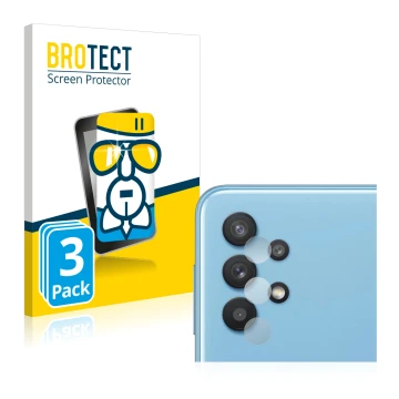 Face avant d’un emballage produit avec le logo de la marque BROTECT. À côté, l’appareil Samsung Galaxy A32 5G (Caméra UNIQUEME
