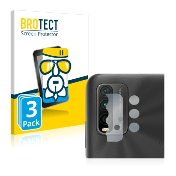 Face avant d’un emballage produit avec le logo de la marque BROTECT. À côté, l’appareil Xiaomi Redmi 9T (Caméra UNIQUEMENT) es