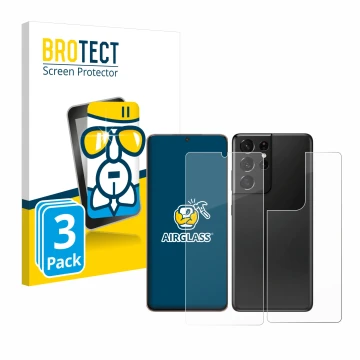 Face avant d’un emballage produit avec le logo de la marque BROTECT. À côté, l’appareil Samsung Galaxy S21 Ultra 5G (Avant+Arr
