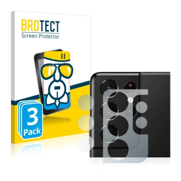 Face avant d’un emballage produit avec le logo de la marque BROTECT. À côté, l’appareil Samsung Galaxy S21 Ultra 5G (Caméra UN