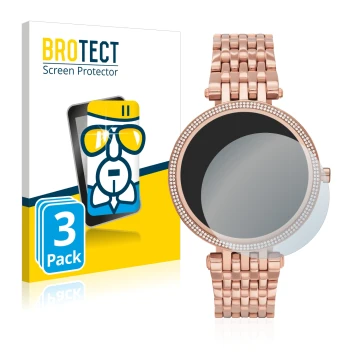 Face avant d’un emballage produit avec le logo de la marque BROTECT. À côté, l’appareil Michael Kors Access Darci Gen 5E est r