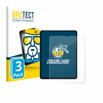 Face avant d’un emballage produit avec le logo de la marque BROTECT. À côté, l’appareil Apple iPad Pro 12.9