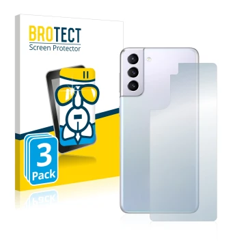 Face avant d’un emballage produit avec le logo de la marque BROTECT. À côté, l’appareil Samsung Galaxy S21 (Arrière) est repré