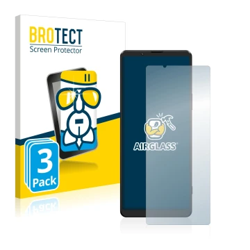 Face avant d’un emballage produit avec le logo de la marque BROTECT. À côté, l’appareil Sony Xperia 1 III est représenté avec 