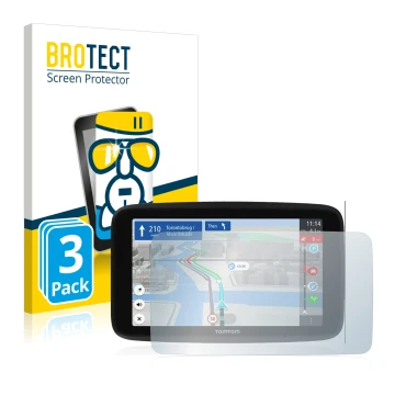 Face avant d’un emballage produit avec le logo de la marque BROTECT. À côté, l’appareil TomTom GO Discover 6