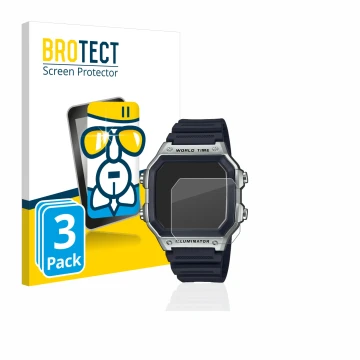 Face avant d’un emballage produit avec le logo de la marque BROTECT. À côté, l’appareil Casio AE-1200WH est représenté avec la