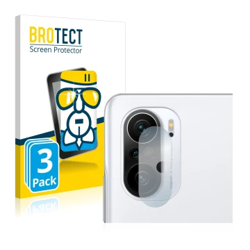 Face avant d’un emballage produit avec le logo de la marque BROTECT. À côté, l’appareil Xiaomi Poco F3 (Caméra UNIQUEMENT) est