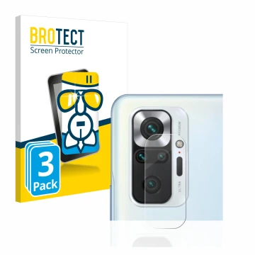 Face avant d’un emballage produit avec le logo de la marque BROTECT. À côté, l’appareil Xiaomi Redmi Note 10 Pro (Caméra UNIQU